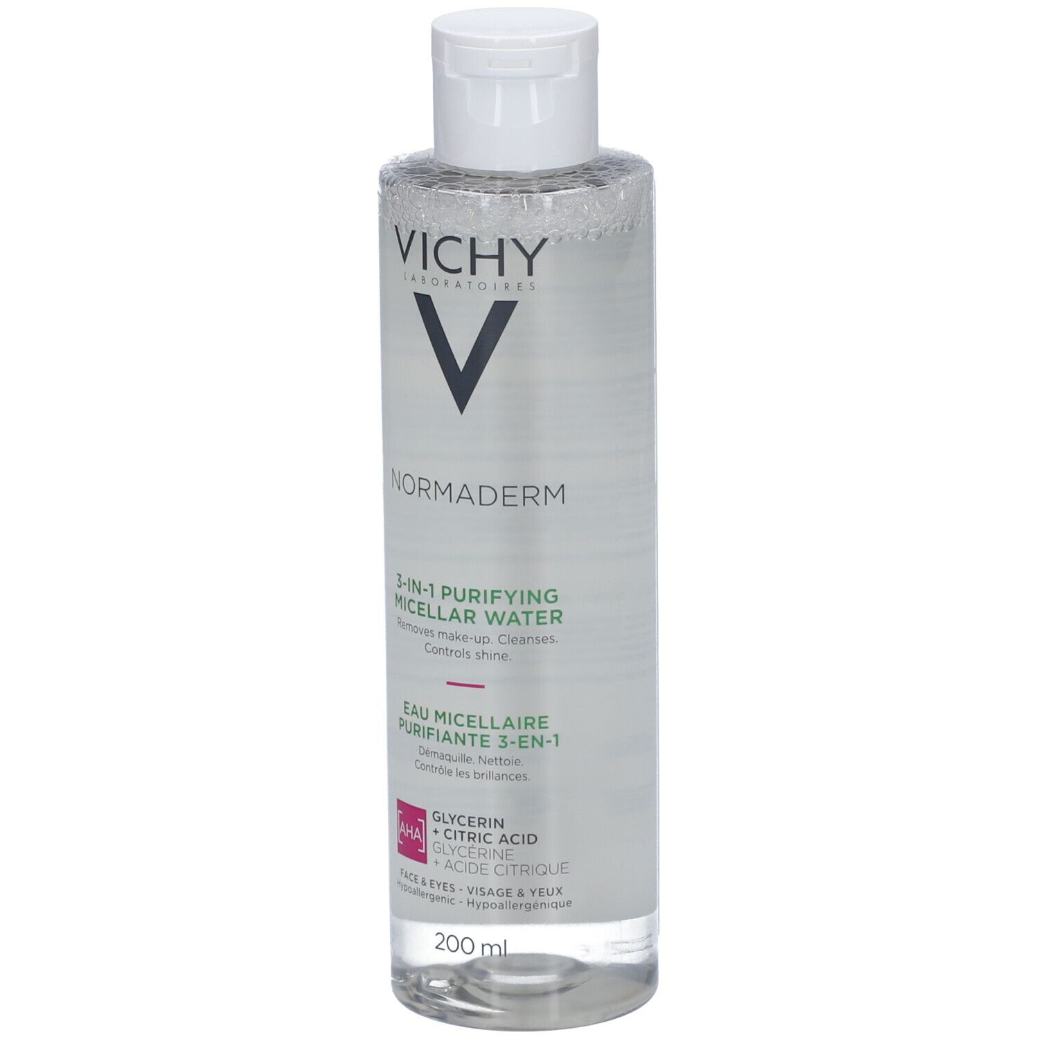 Flacon de Vichy Normaderm Eau Micellaire. Bouchon blanc. Inscription: Vichy, Normaderm, 3-en-1 Eau Micellaire.