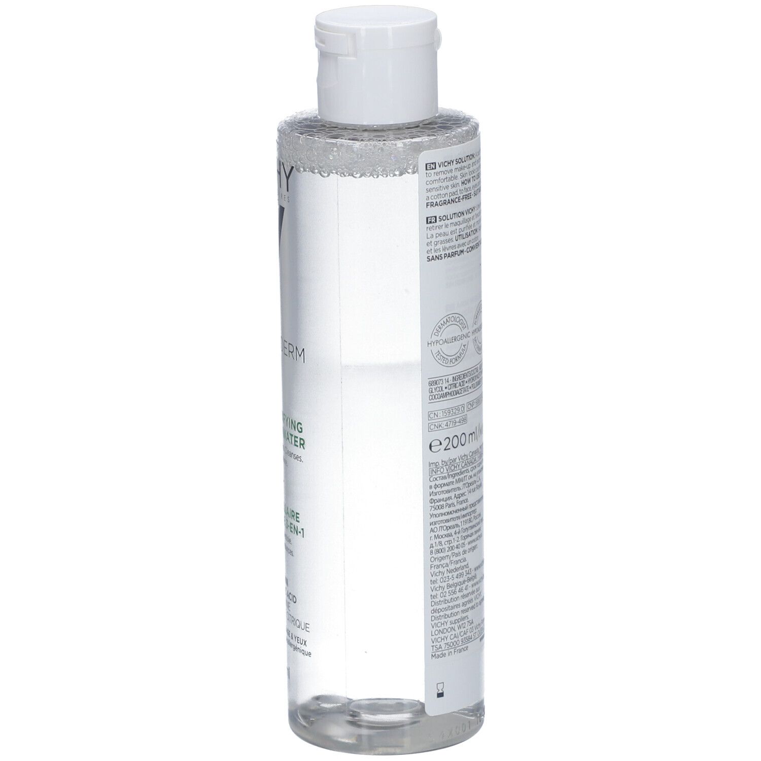 Flacon de Vichy Normaderm Eau Micellaire. Bouchon blanc. Étiquette avec texte. Produit transparent.