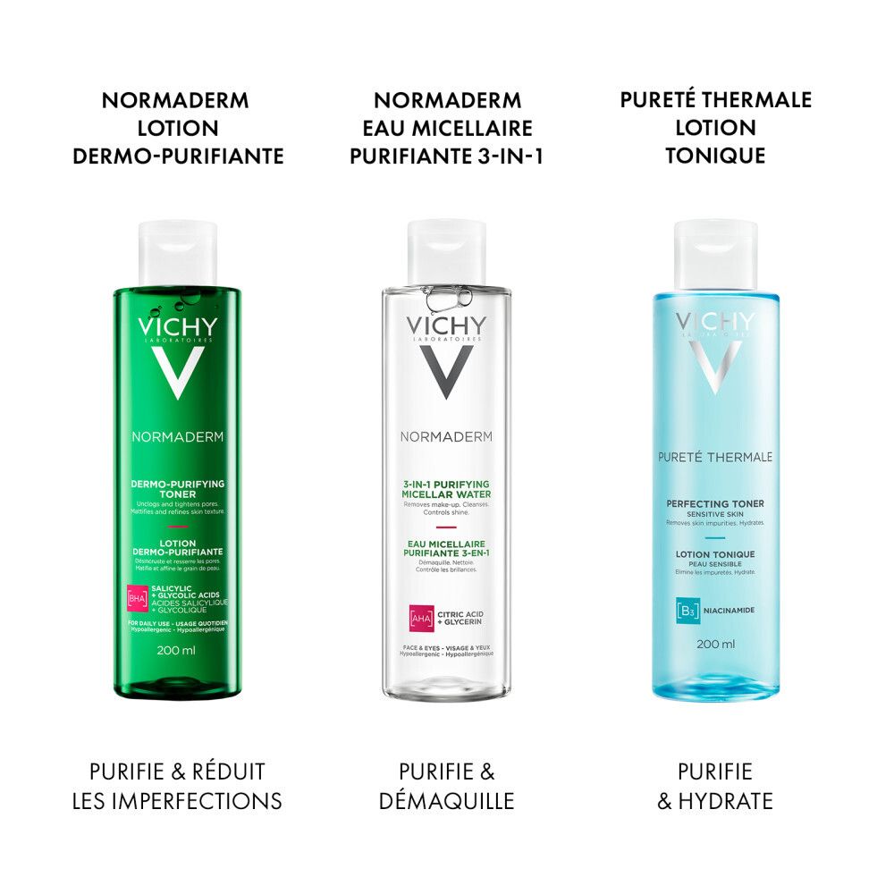 Trois produits Vichy. Gauche: Lotion Normaderm. Milieu: Eau Micellaire Normaderm. Droite: Pureté Thermale.