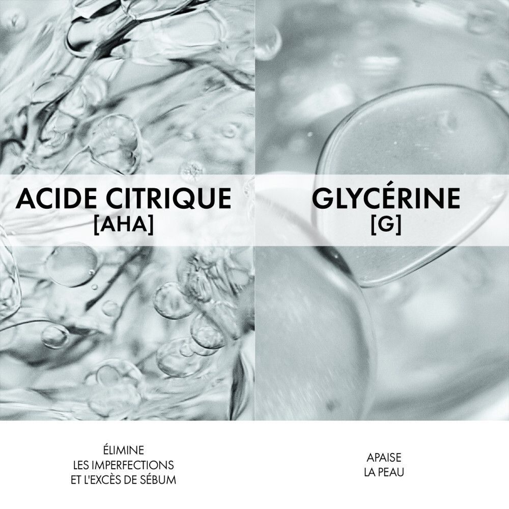 Gros plan sur des liquides. Texte: Acide citrique, Glycérine. Élimine les imperfections et l'excès de sébum.