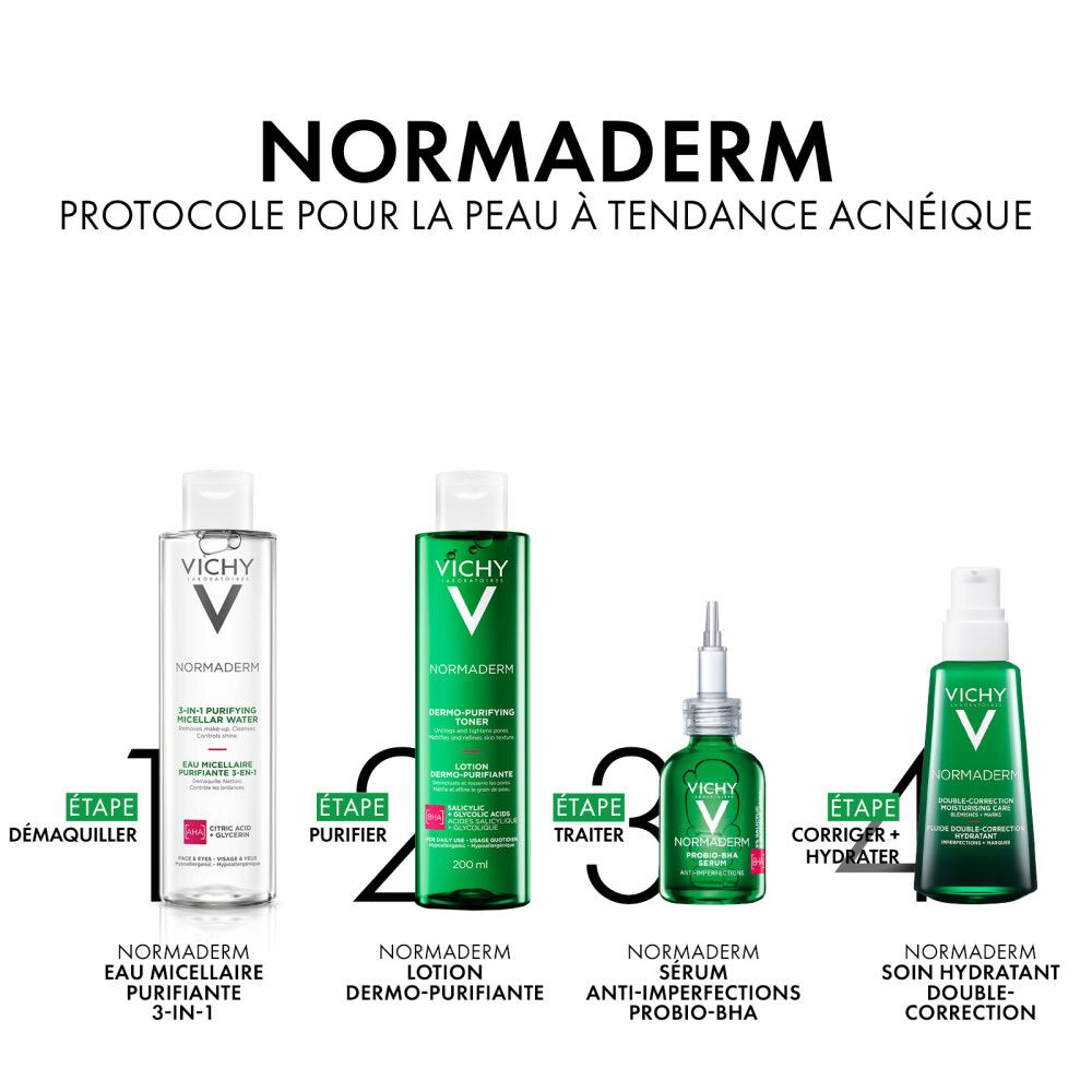 Routine Vichy Normaderm pour peau à tendance acnéique. Produits: Eau Micellaire, Lotion, Sérum, Soin hydratant.