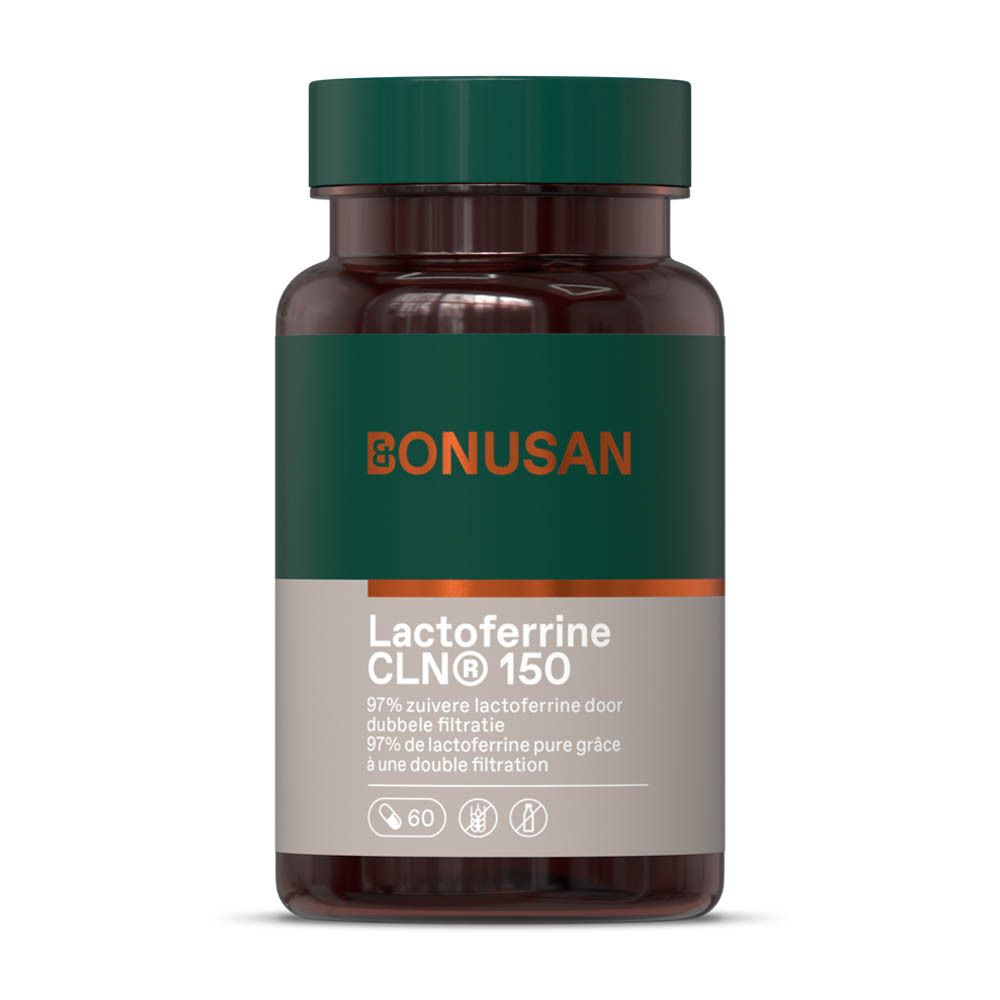 Flacon vert avec couvercle vert. Étiquette avec informations produit: Lactoferrine CLN® 150, 60 gélules. Marque: BONUSAN.