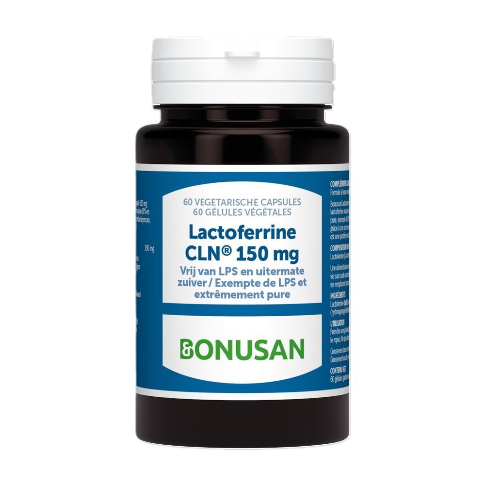 Flacon brun foncé avec couvercle blanc. Étiquette avec informations produit: Lactoferrine CLN® 150 mg, 60 gélules végétales. Marque: BONUSAN.