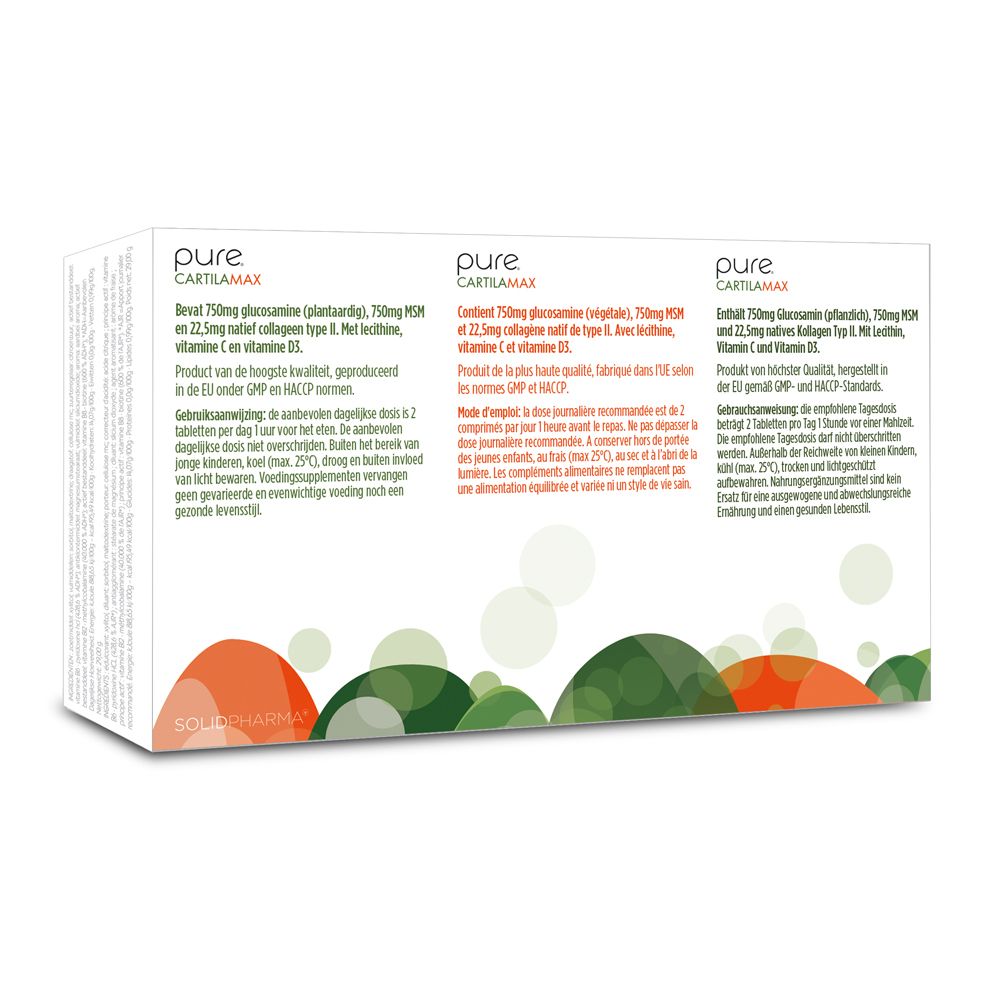Dos de l'emballage "pure Cartilamax". Texte en allemand, néerlandais et français. Informations et ingrédients du produit.