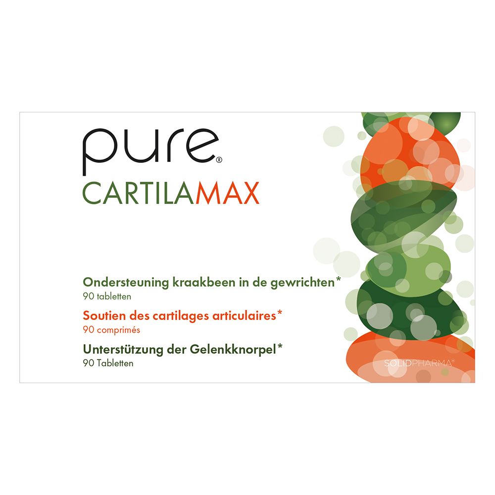 Boîte blanche avec logo "pure Cartilamax". Texte : Soutien des cartilages articulaires. 90 comprimés. Illustration colorée.
