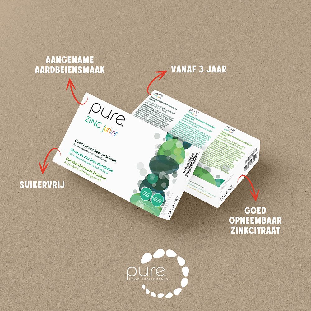 Doos Pure ZINC junior. Citraat de zinc bien absorbable, 5mg zink elementair, 60 kauwtabletten (aardbeiensmaak).