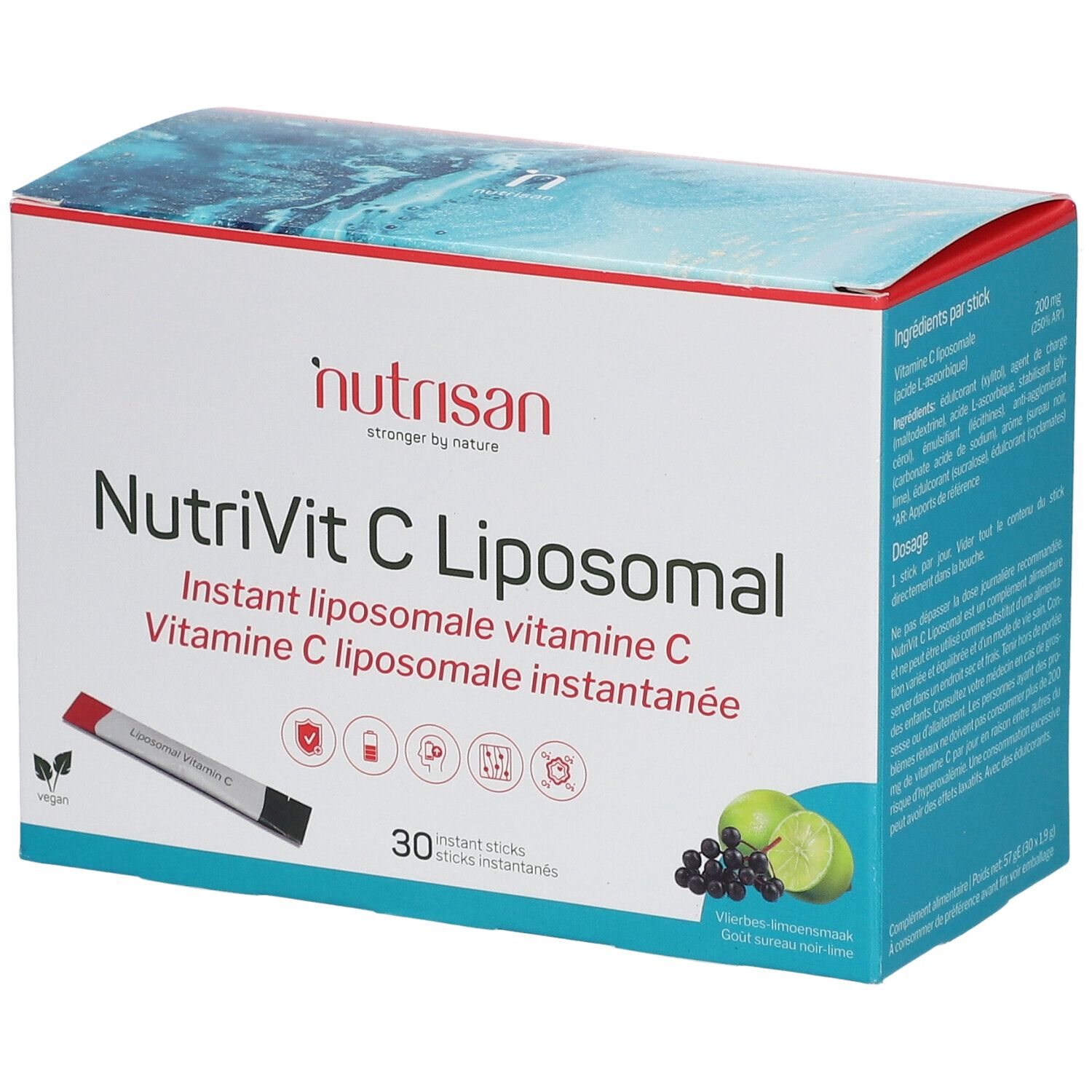 Doos NutriVit C Liposomal. Opschrift: Instant liposomale vitamine C. 30 sticks. Illustratie van limoenen en bessen.