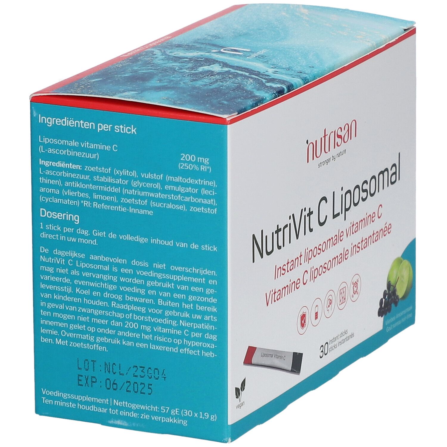 Doos NutriVit C Liposomal. Opschrift: Instant liposomale vitamine C. 30 sticks. Ingrediëntenlijst en dosering.