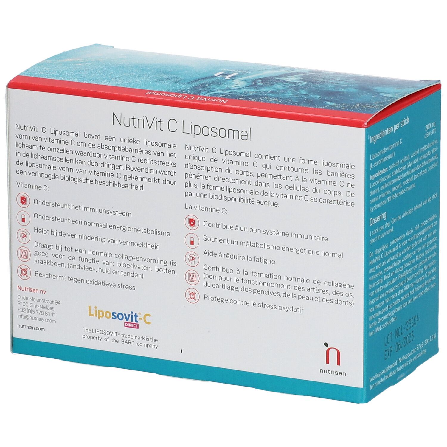 Achterkant verpakking NutriVit C Liposomal. Tekst over de voordelen van vitamine C. Ingrediënten per stick.
