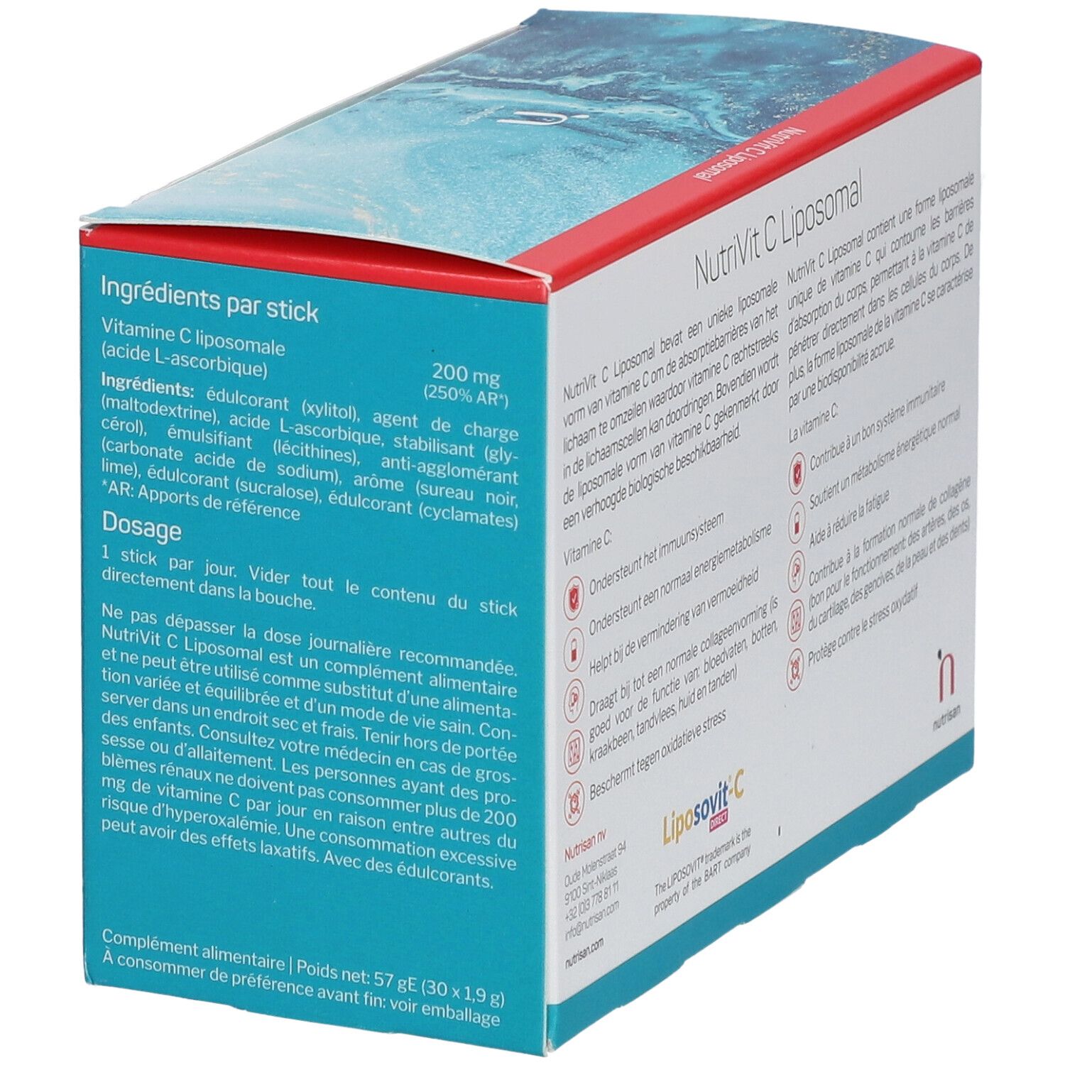 Achterkant verpakking NutriVit C Liposomal. Tekst over de voordelen van vitamine C. Ingrediënten per stick.