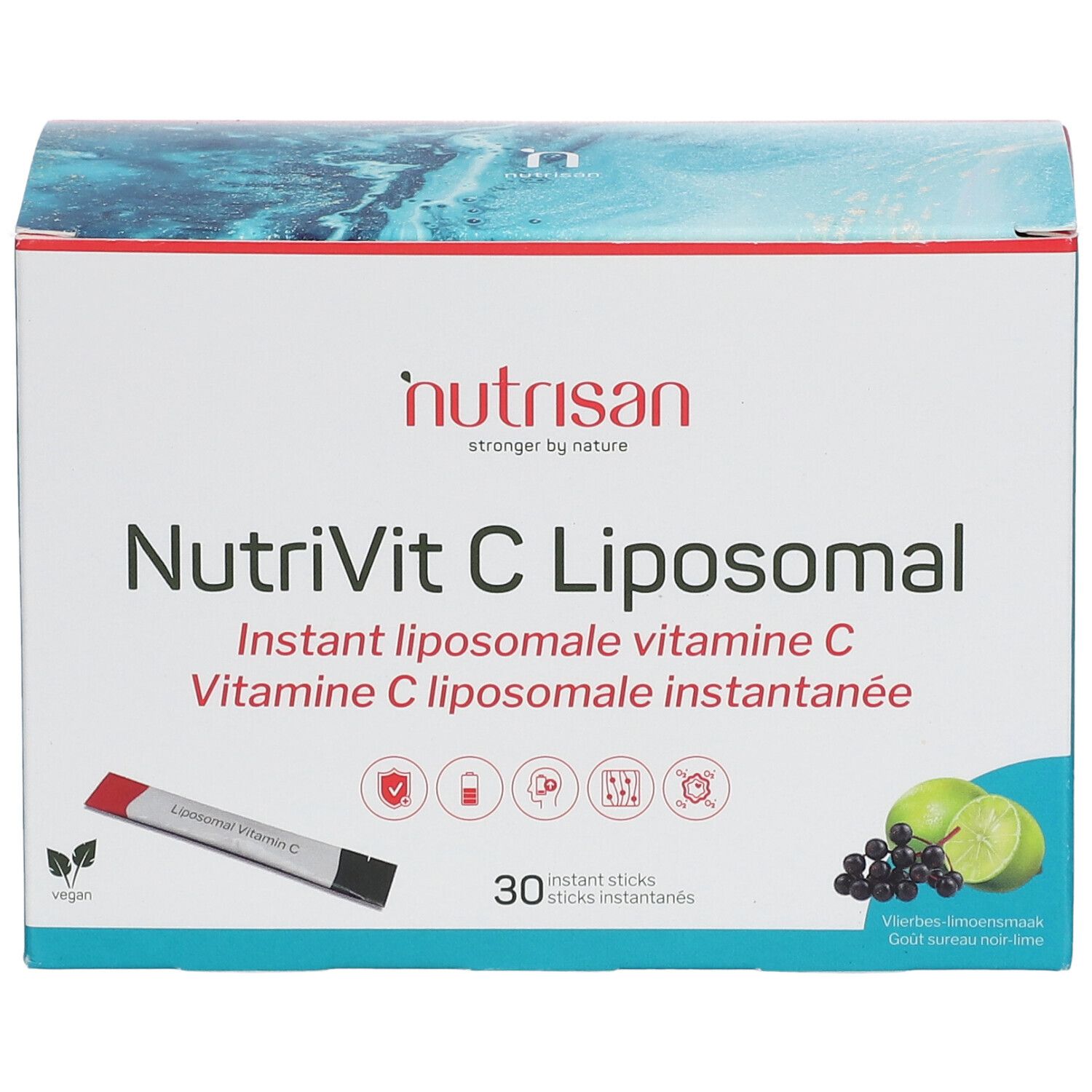 Doos NutriVit C Liposomal. Opschrift: Instant liposomale vitamine C. 30 sticks. Illustratie van limoenen en bessen.