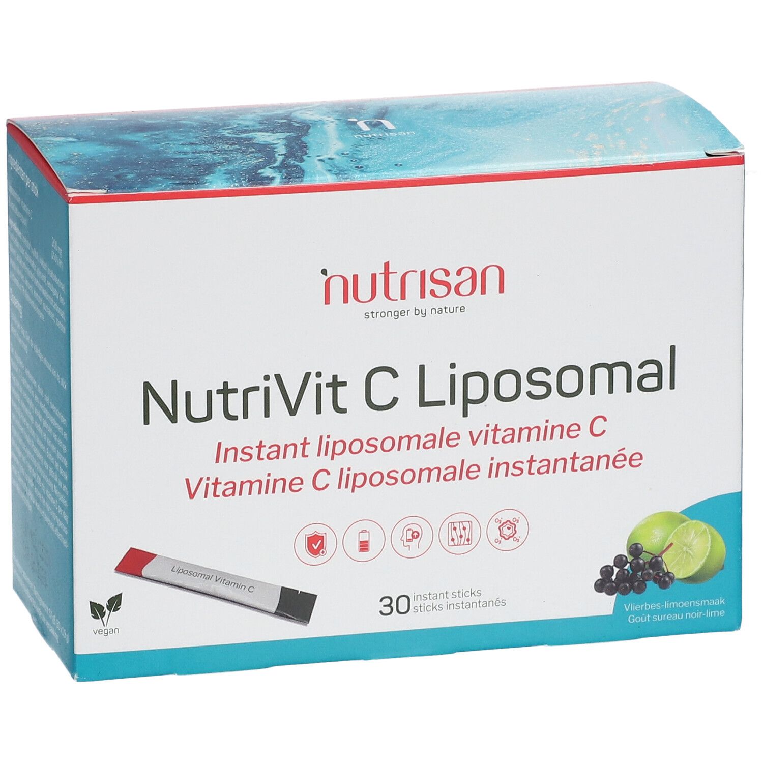 Doos NutriVit C Liposomal. Opschrift: Instant liposomale vitamine C. 30 sticks. Illustratie van limoenen en bessen.