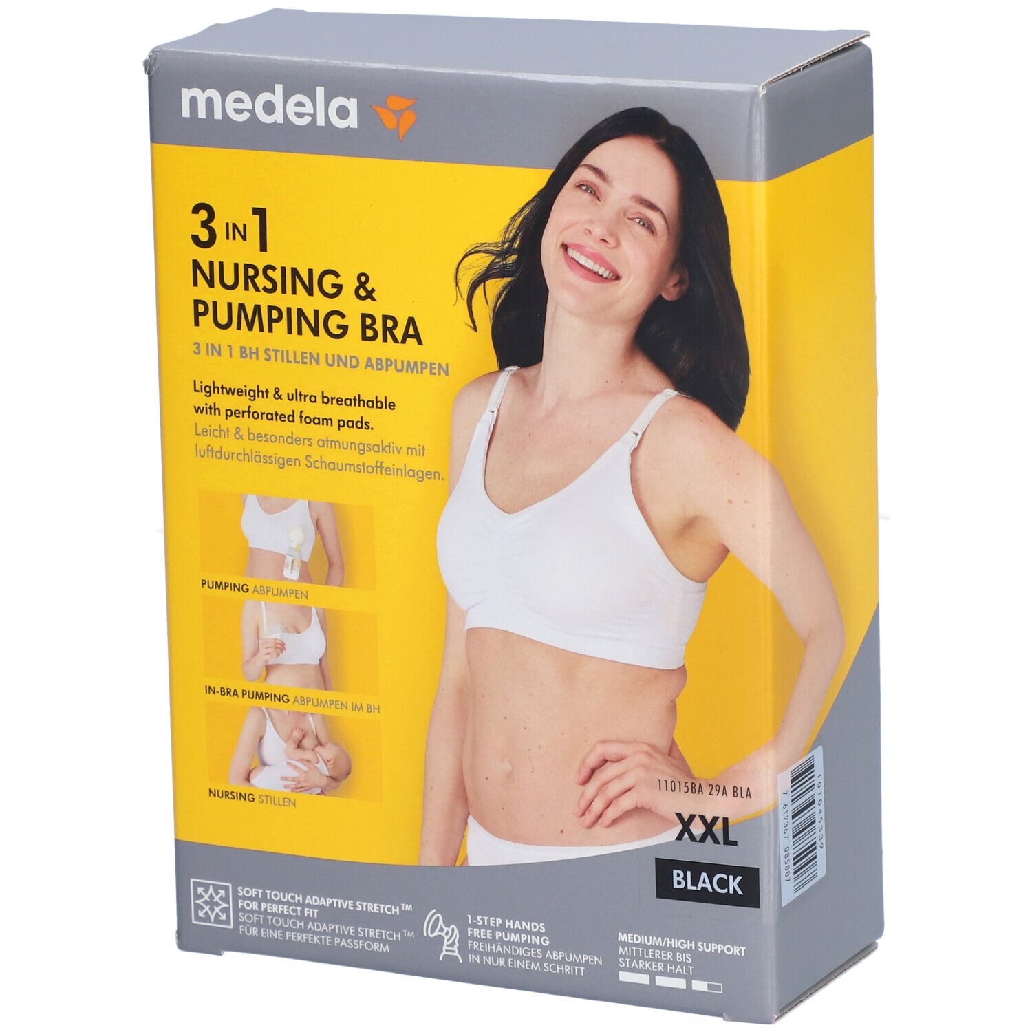 Boîte Medela. Soutien-gorge d'allaitement et d'expression 3en1, noir, XXL. Femme porte le soutien-gorge. Inscriptions: allaitement, expression.