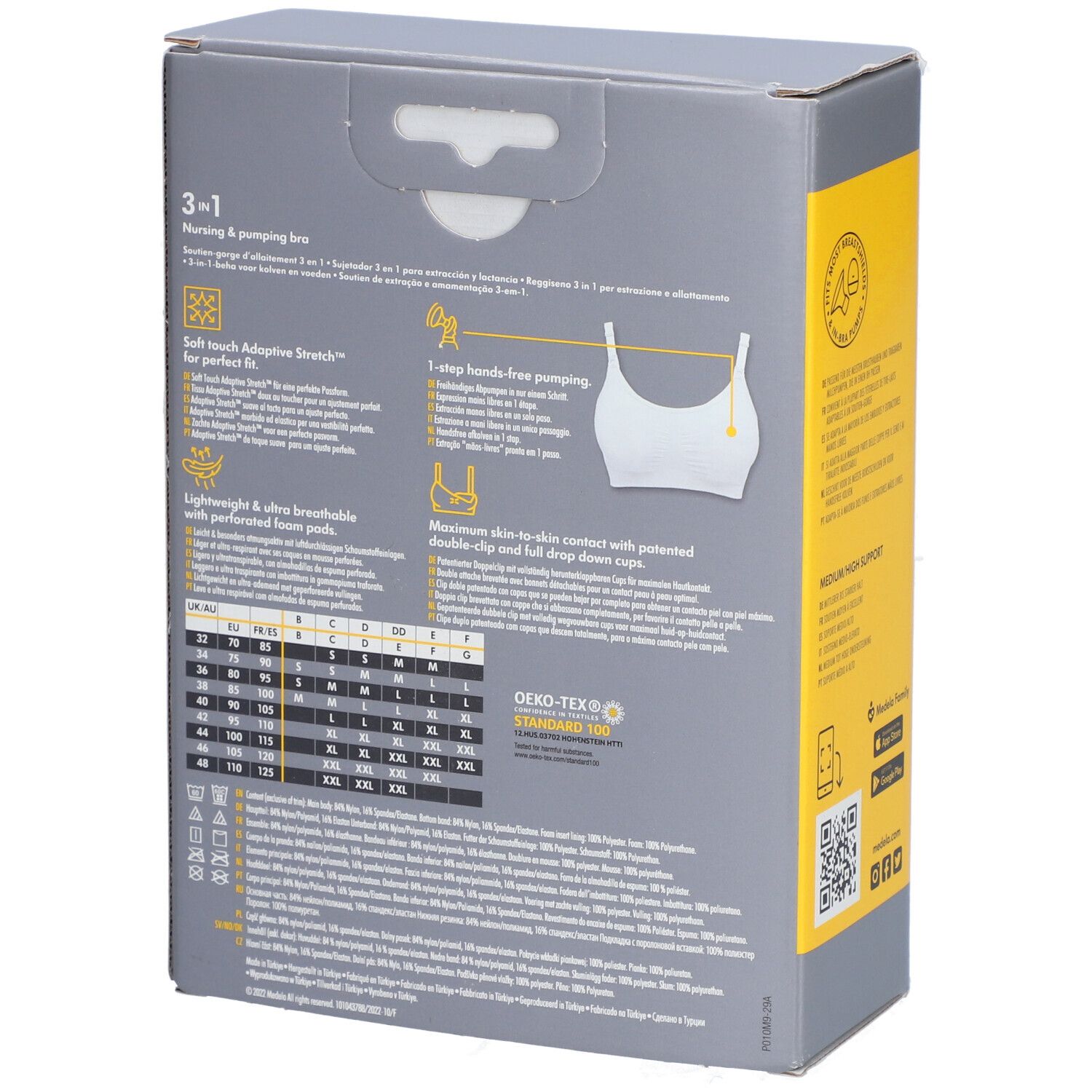Boîte Medela. Soutien-gorge 3en1. Dos avec tableau des tailles et infos produit. Oeko-Tex Standard 100.