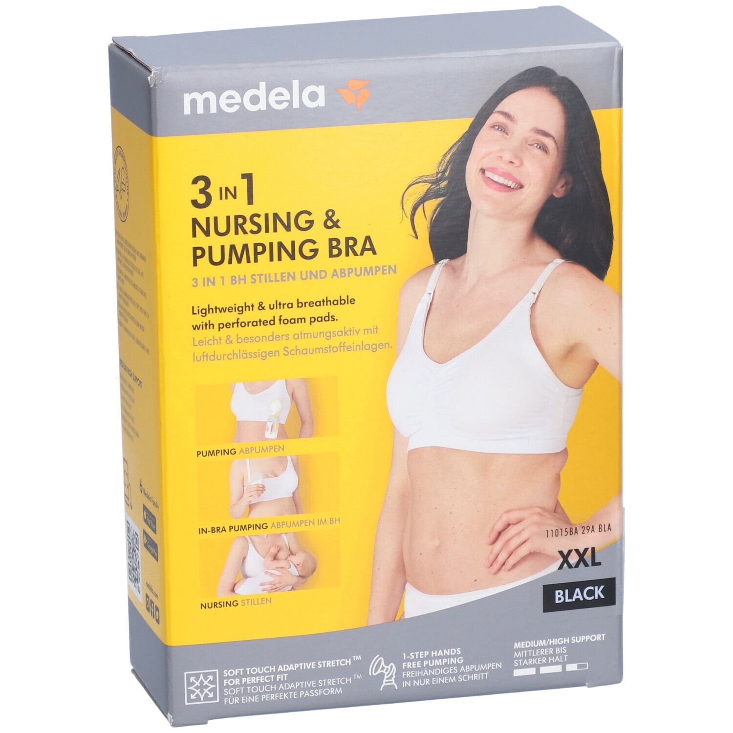 Boîte Medela. Soutien-gorge 3en1, noir, XXL. Femme porte le soutien-gorge. Inscriptions: allaitement, expression, expression dans le soutien-gorge.