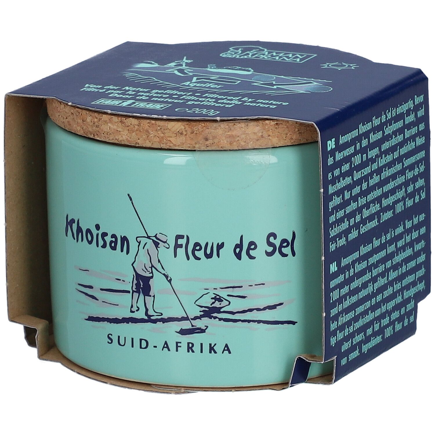Pot en céramique turquoise avec couvercle en liège et emballage en papier. Inscription : Khoisan Fleur de Sel, SUID-AFRIKA. Illustration d'une personne.