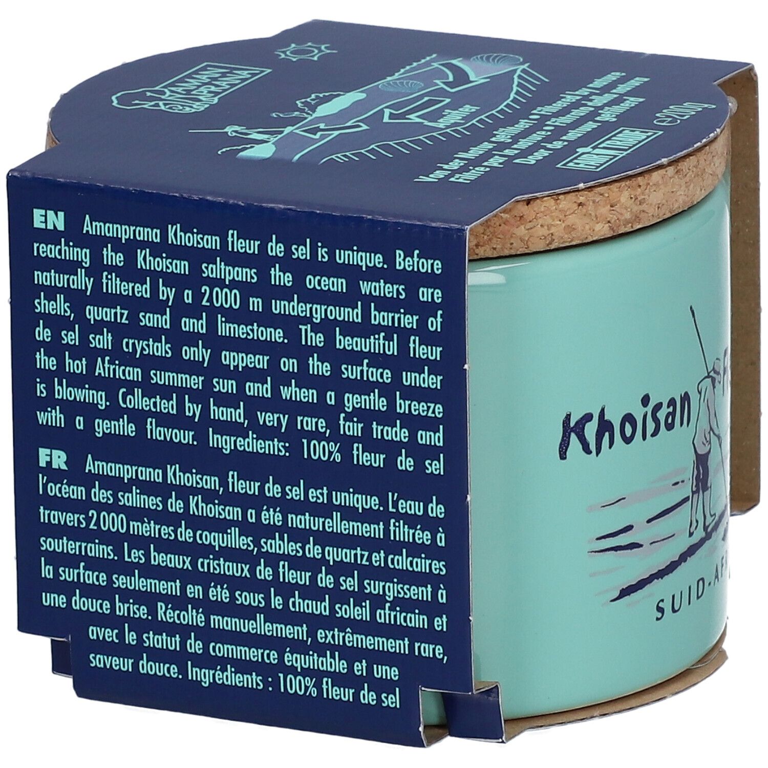 Pot en céramique turquoise avec couvercle en liège et emballage en papier. Texte sur l'emballage en anglais et en français. Inscription : Khoisan.