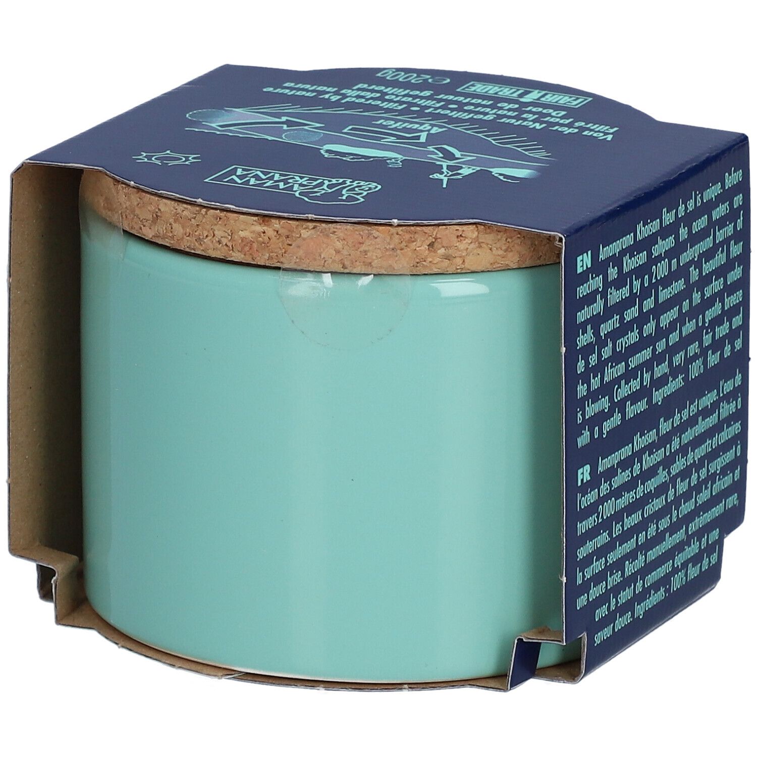 Pot en céramique turquoise avec couvercle en liège et emballage en papier. Texte sur l'emballage en anglais et en français. Inscription : Khoisan.