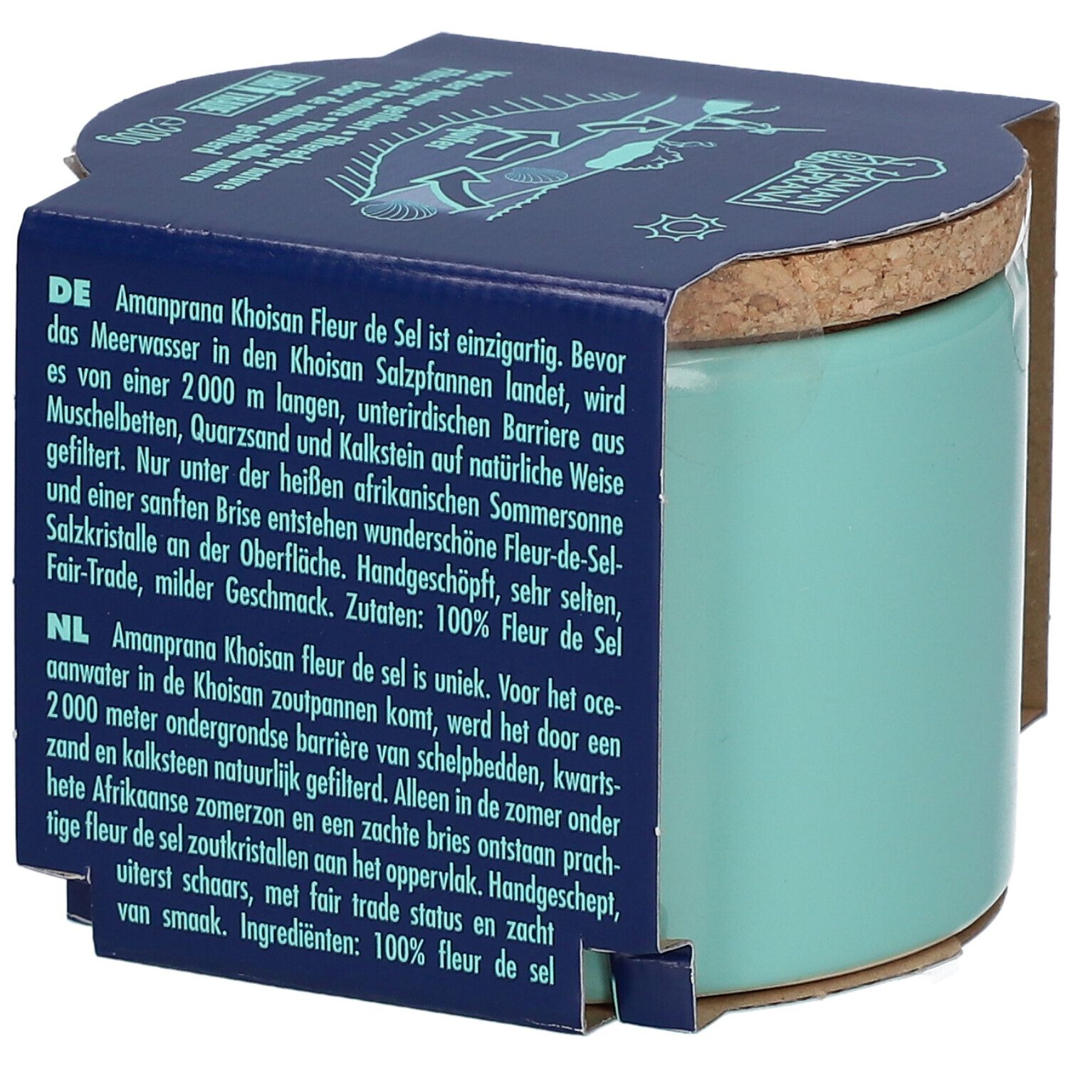 Pot en céramique turquoise avec couvercle en liège et emballage en papier. Texte sur l'emballage en allemand et en néerlandais.