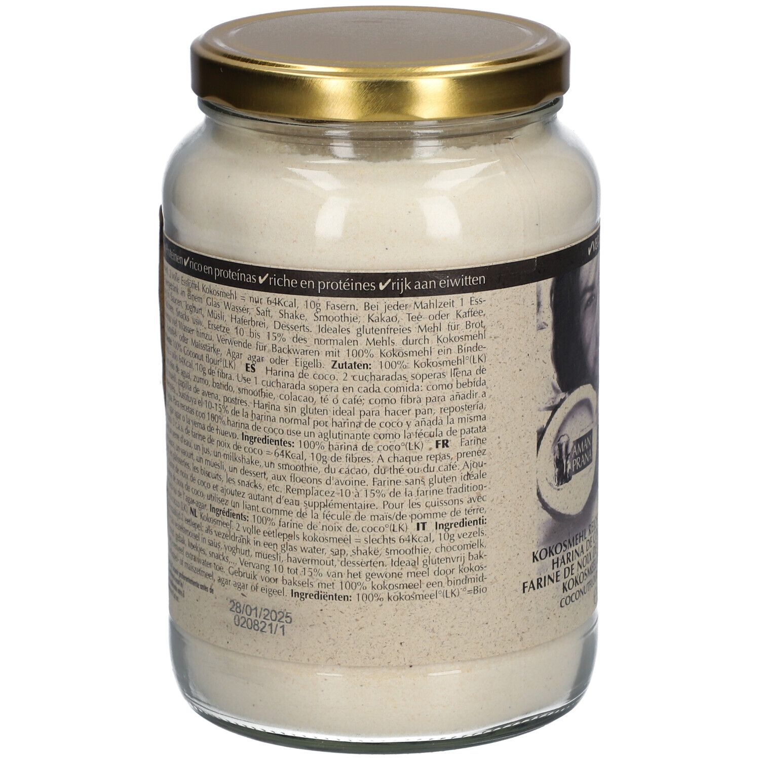 Dos du pot de farine de coco. Texte avec informations nutritionnelles, ingrédients et date limite. Label Vegan.