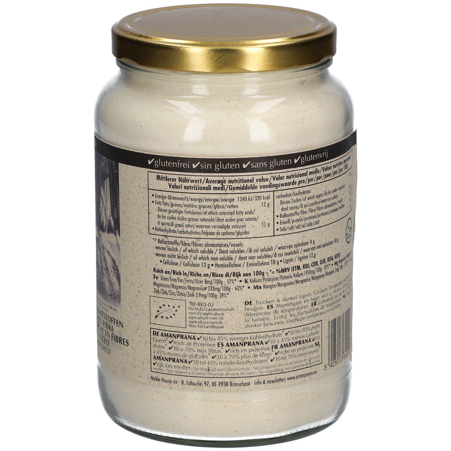 Dos du pot de farine de coco. Texte avec informations nutritionnelles. Labels sans gluten et Bio.