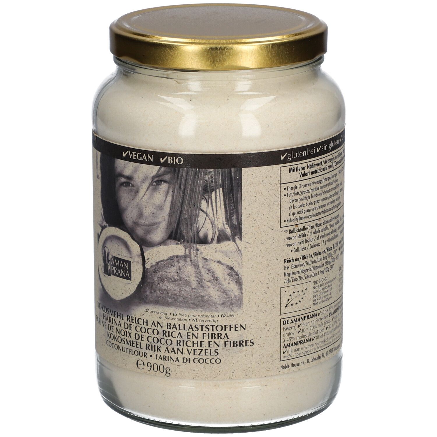 Pot de farine de coco. Couvercle doré. Inscription : Farine de noix de coco riche en fibres. Labels Vegan et Bio.