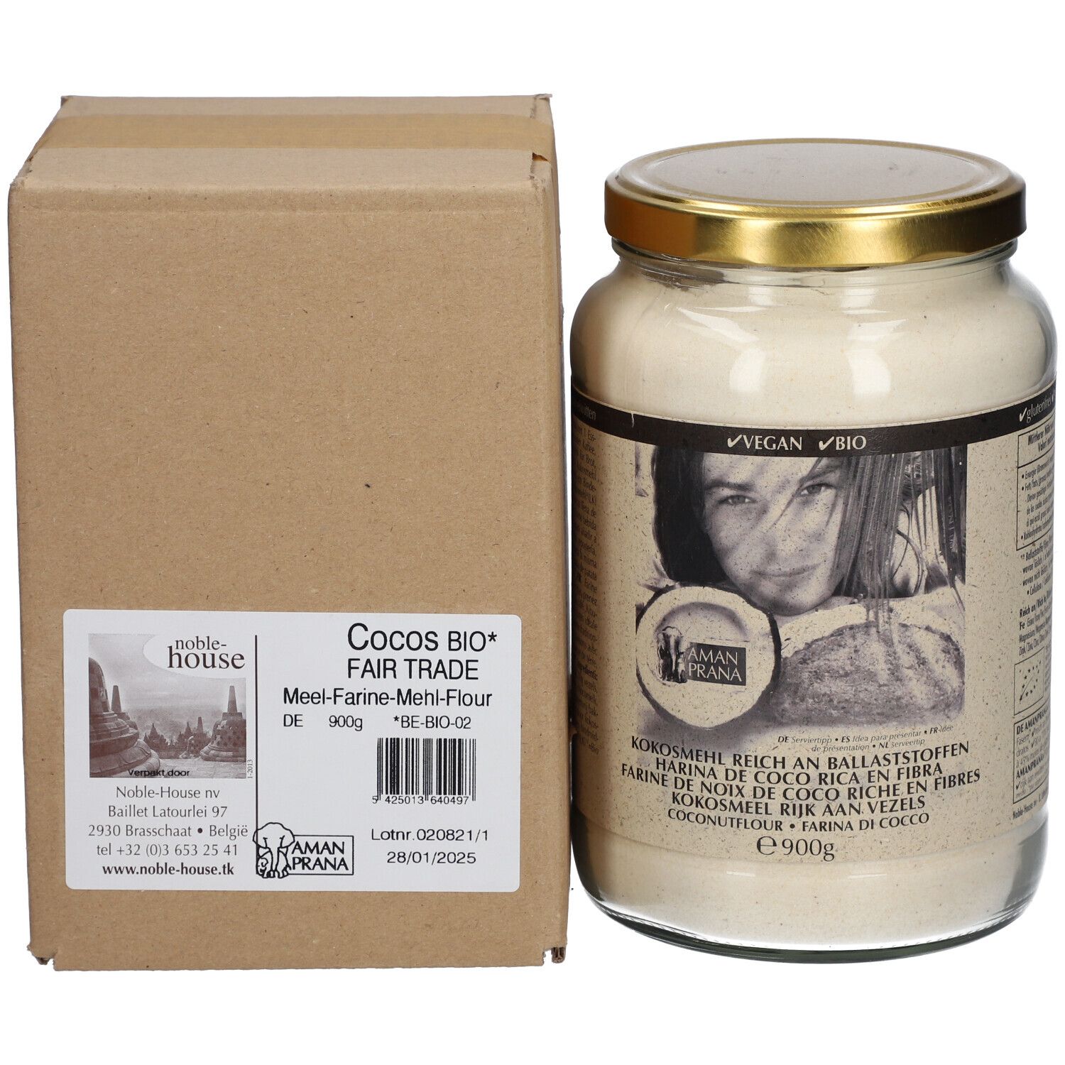 Pot de farine de coco avec carton. Carton avec inscription : Cocos Bio Fair Trade. Pot avec couvercle doré, labels Vegan et Bio.