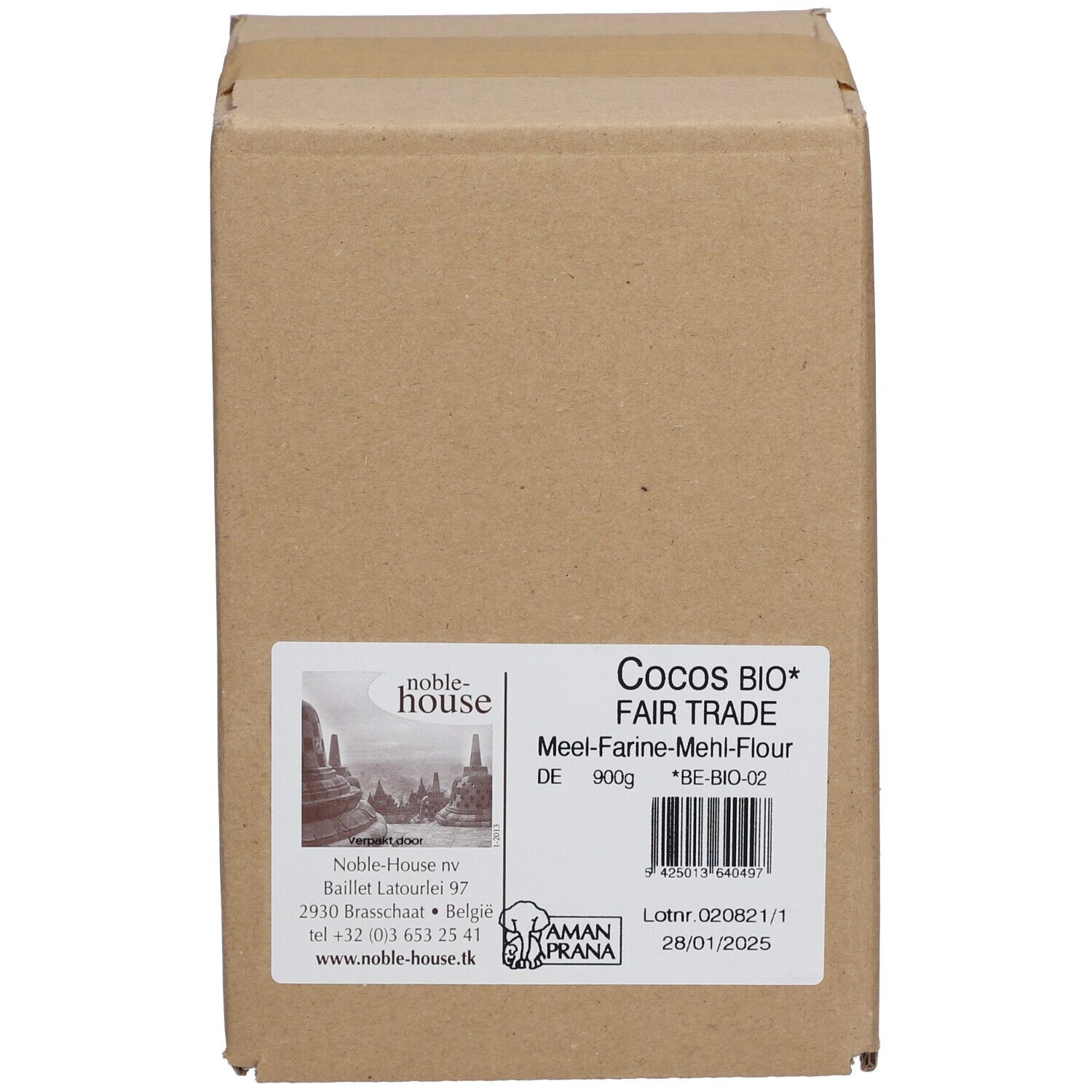 Carton avec inscription : Cocos Bio Fair Trade. Nom du produit, poids, numéro de lot et date limite. Logo.