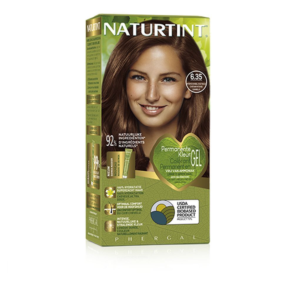 Boîte de coloration capillaire NATURTINT 6.35. Femme aux cheveux bruns. Contient 92% d'ingrédients naturels. Certifié USDA.