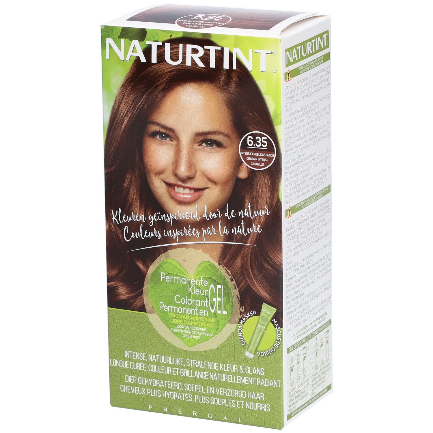 Boîte de coloration capillaire NATURTINT 6.35. Femme aux cheveux bruns. Couleur permanente. Inspiré par la nature.