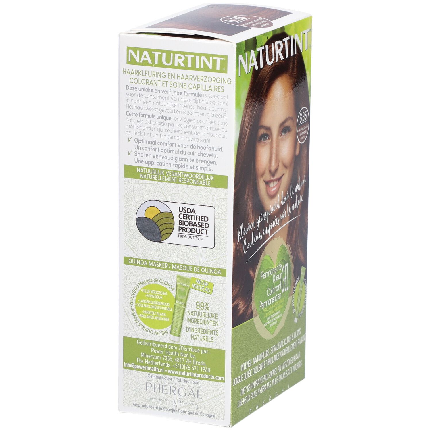 Boîte de coloration capillaire NATURTINT. Femme aux cheveux bruns. Contient un masque de quinoa. Produit certifié USDA.