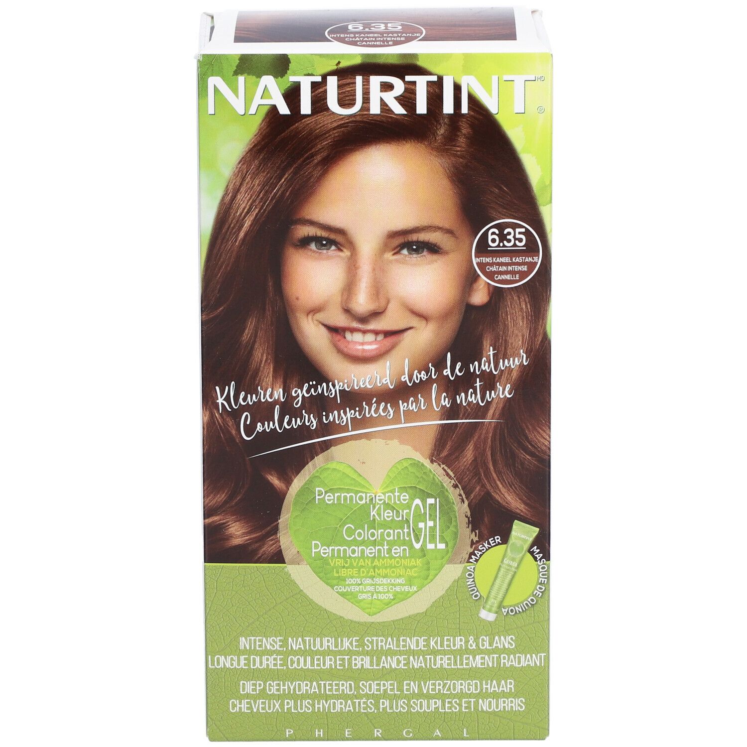 Boîte de coloration capillaire NATURTINT 6.35. Femme aux cheveux bruns. Couleur permanente. Inspiré par la nature.
