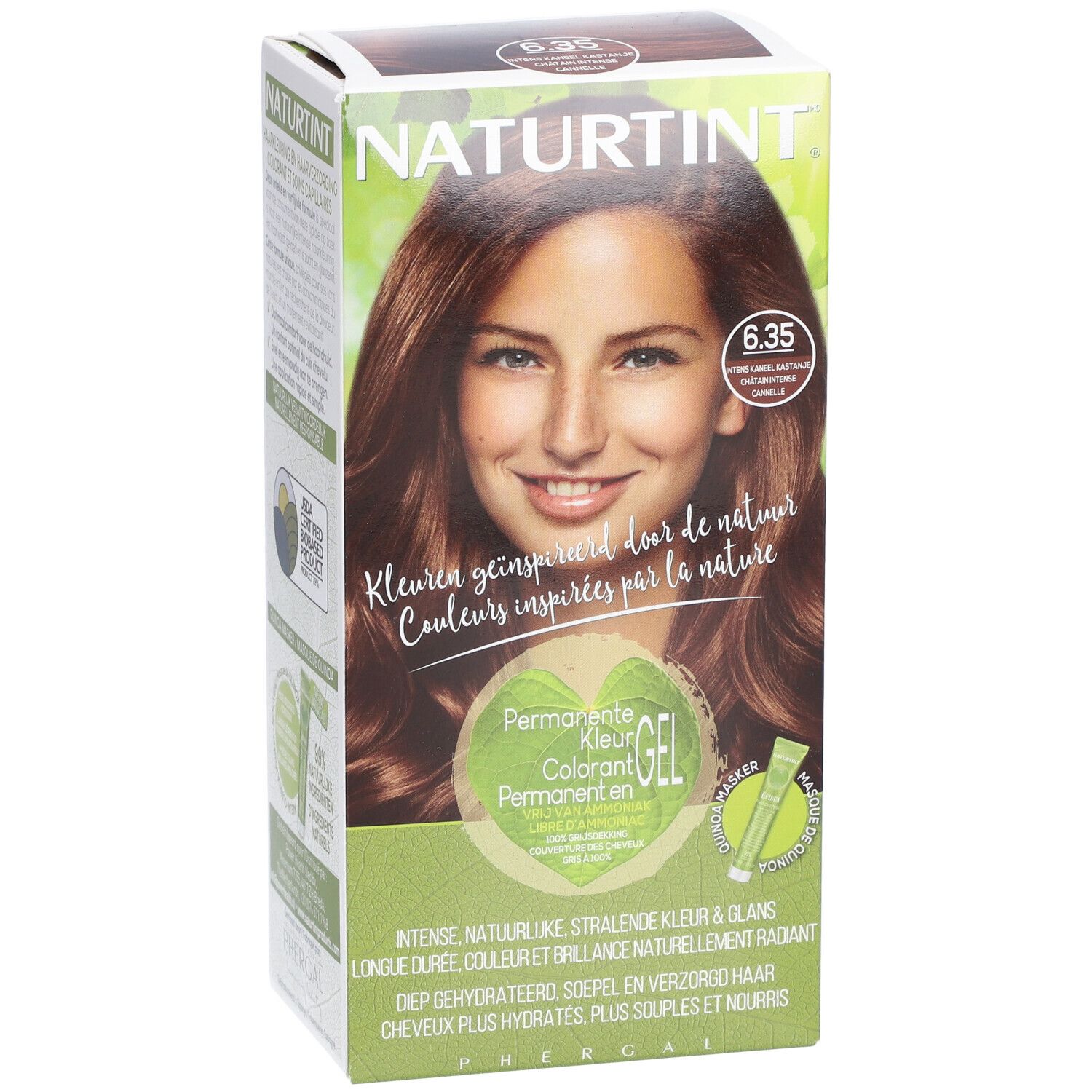 Boîte de coloration capillaire NATURTINT 6.35. Femme aux cheveux bruns. Couleur permanente. Inspiré par la nature.
