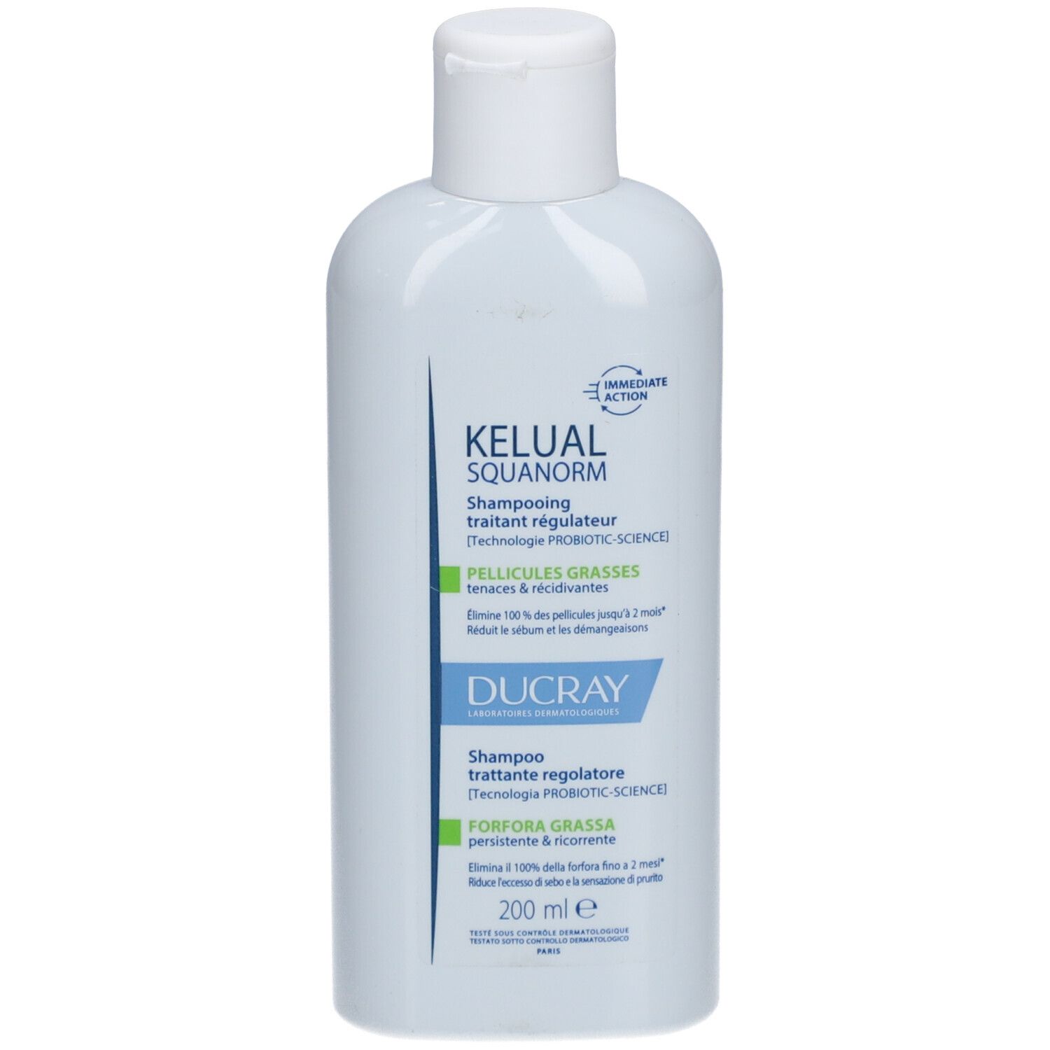 Weißes Shampoo mit Klappverschluss. Aufschrift: KELUAL SQUANORM, 200 ml. Marke: DUCRAY.