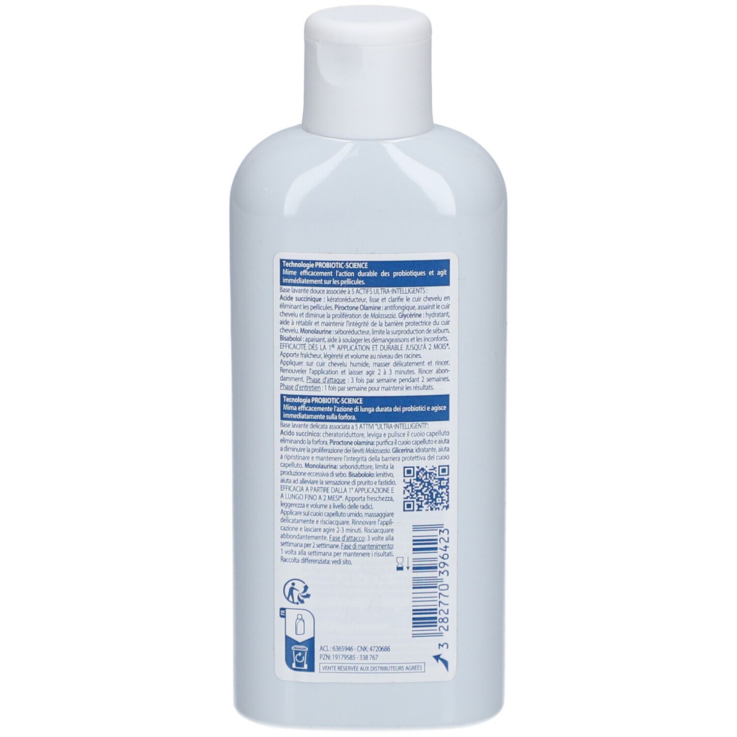 Rückseite der weißen Shampoo-Flasche. Textinformationen und QR-Code. Marke: DUCRAY.