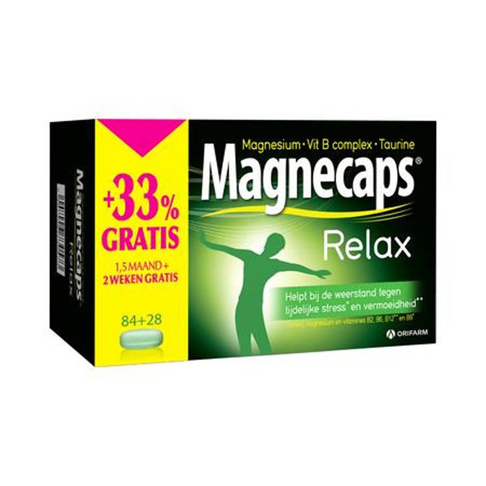 Doos Magnecaps Relax met +33% GRATIS. Bevat magnesium, vitamine B en taurine. Groen-geel ontwerp met een persoon.