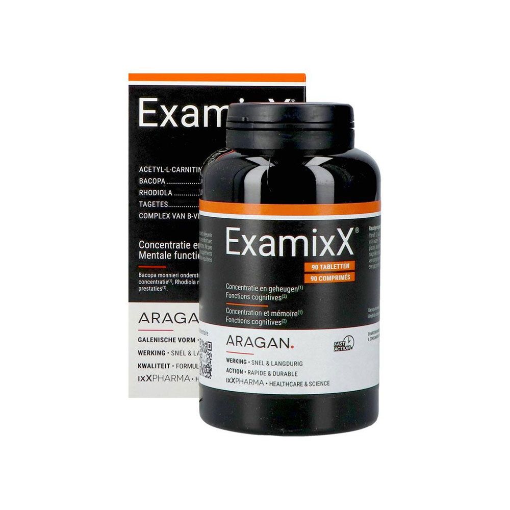 Flacon noir ExamixX, 90 comprimés, avec emballage. Ingrédients visibles.