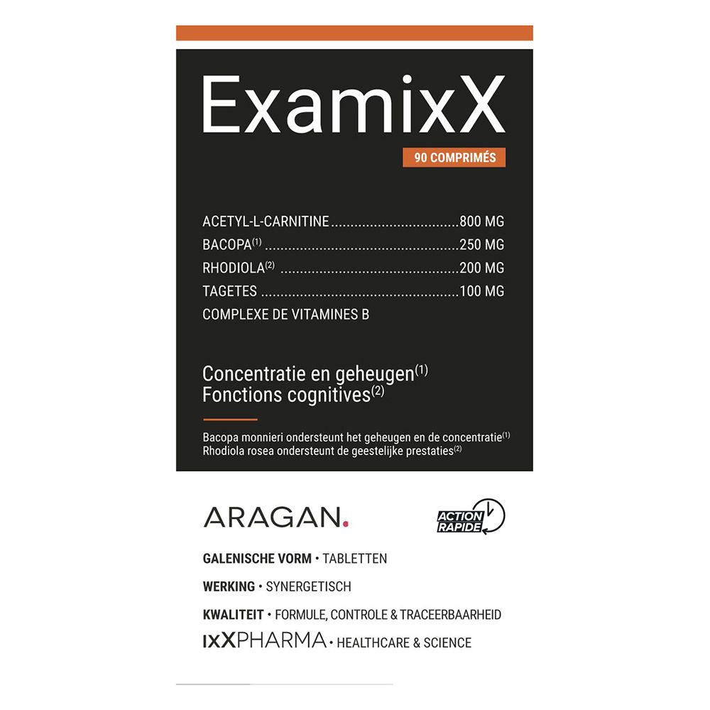 Emballage ExamixX, 90 comprimés. Ingrédients et informations.