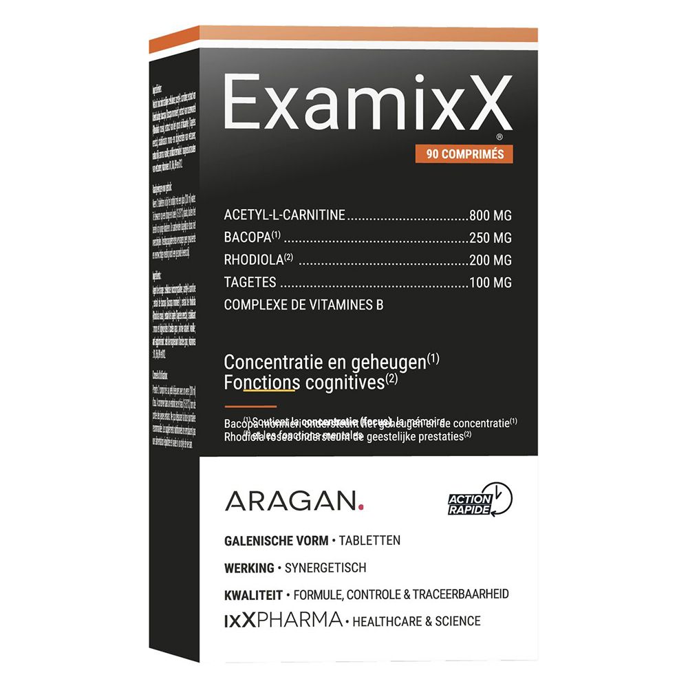 Emballage ExamixX, 90 comprimés. Ingrédients et informations.