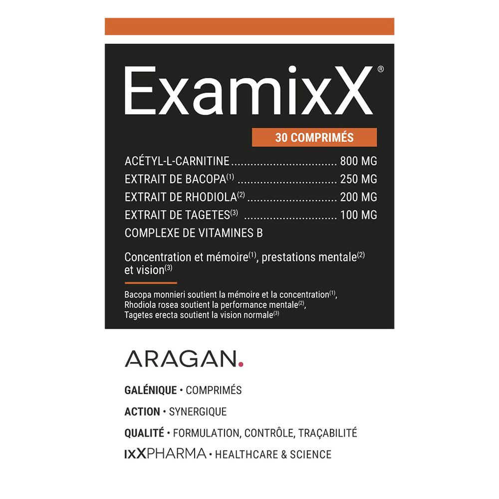 Emballage du produit ExamixX, 30 comprimés. Ingrédients et logo de la marque.