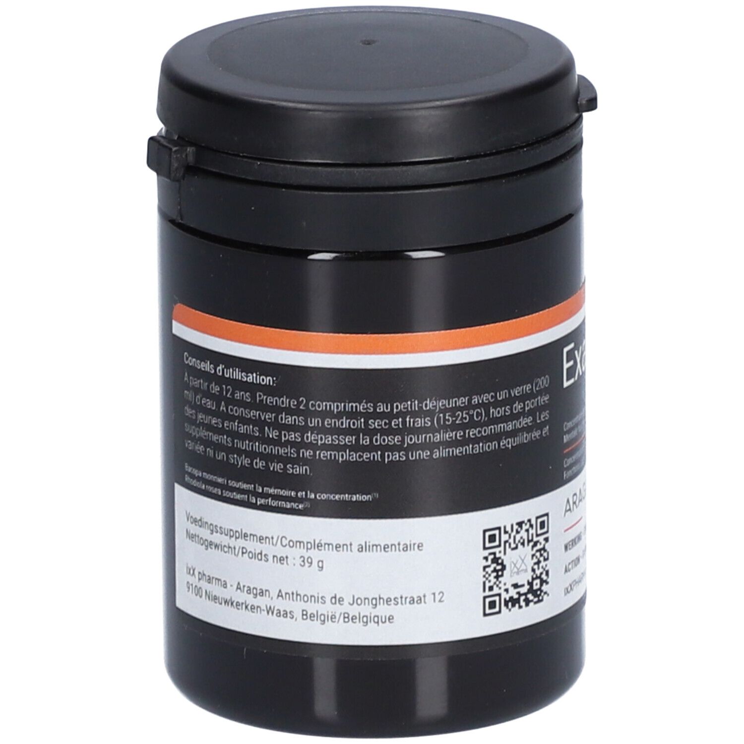 Boîte noire avec couvercle. Étiquette avec informations sur le produit. Code QR. Logo de la marque. Poids net 39g.