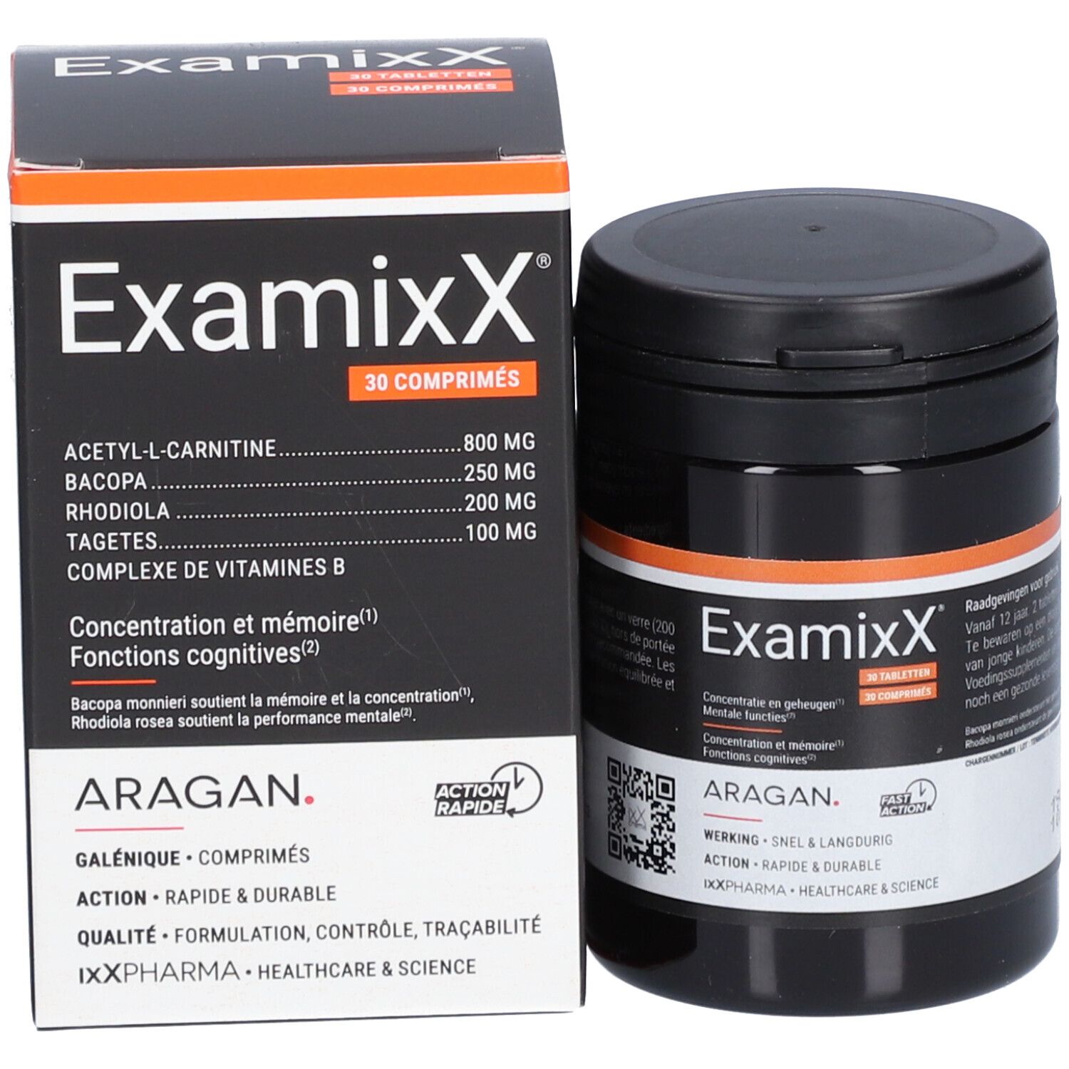 Emballage du produit ExamixX, 30 comprimés. Ingrédients et logo de la marque. Boîte noire à côté.