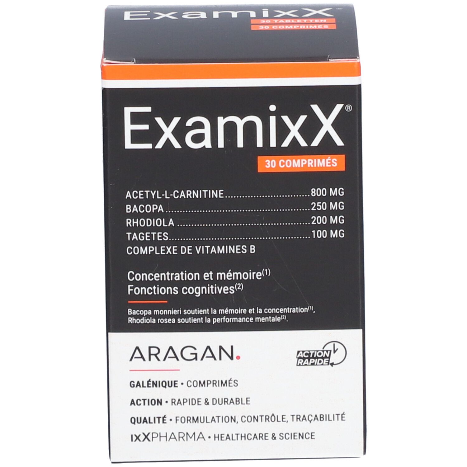 Emballage du produit ExamixX, 30 comprimés. Ingrédients et logo de la marque.
