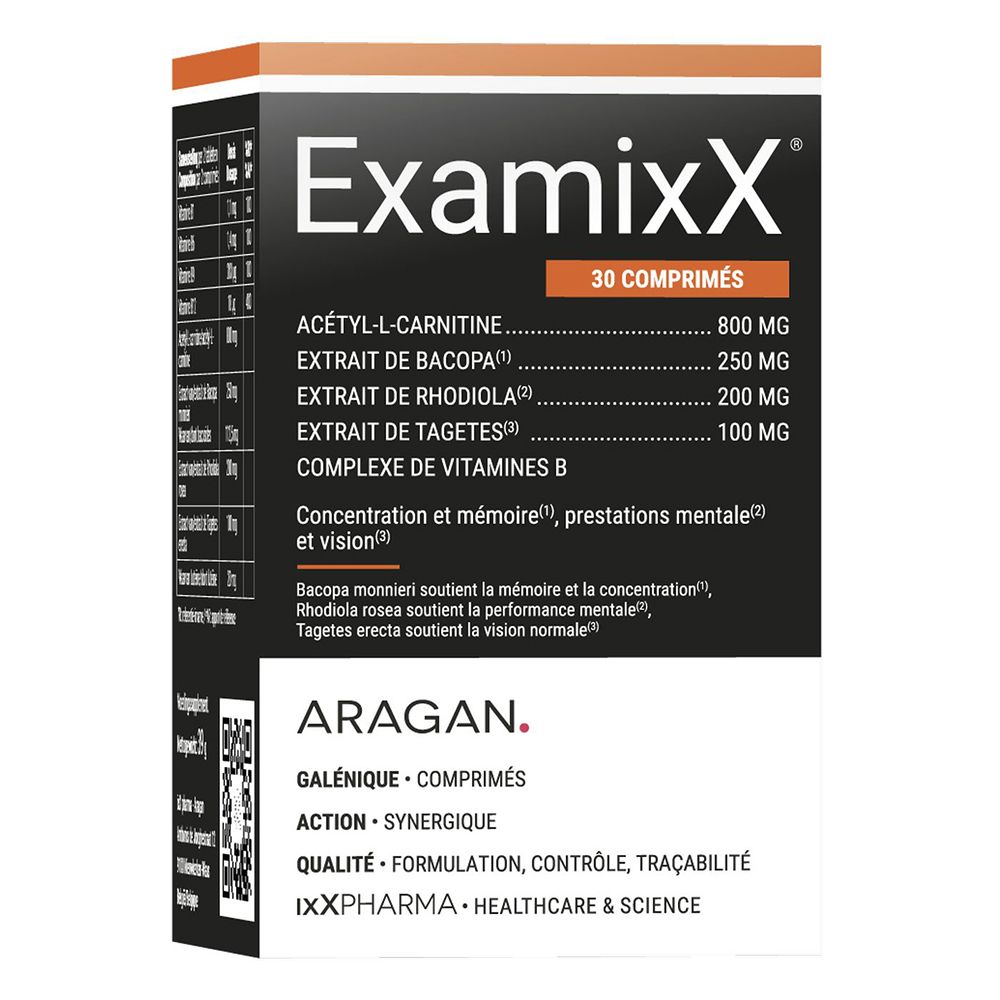 Emballage du produit ExamixX, 30 comprimés. Ingrédients et logo de la marque.