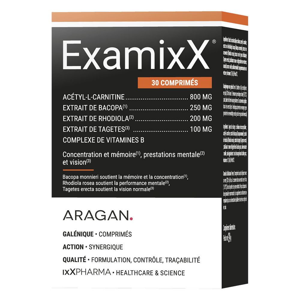 Emballage du produit ExamixX, 30 comprimés. Ingrédients et logo de la marque.