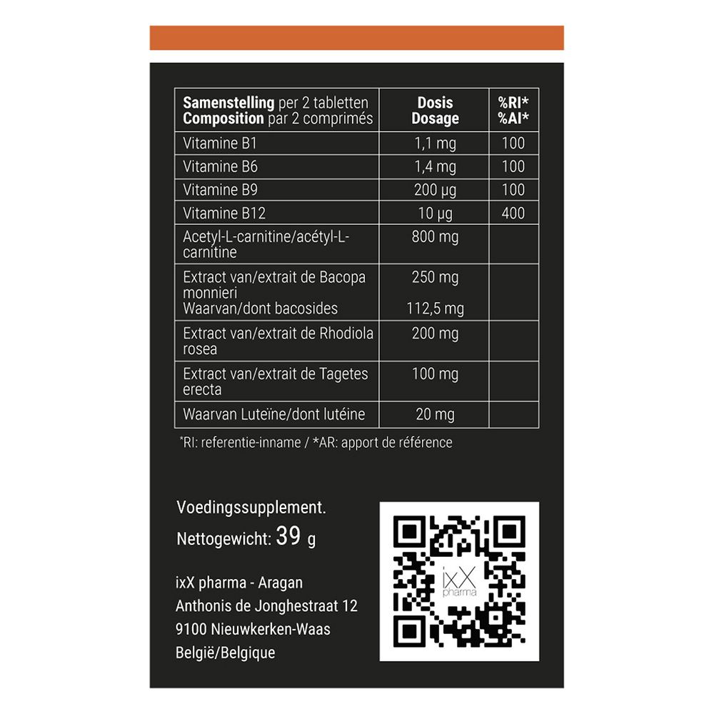 Emballage du produit ExamixX, 30 comprimés. Ingrédients et logo de la marque.
