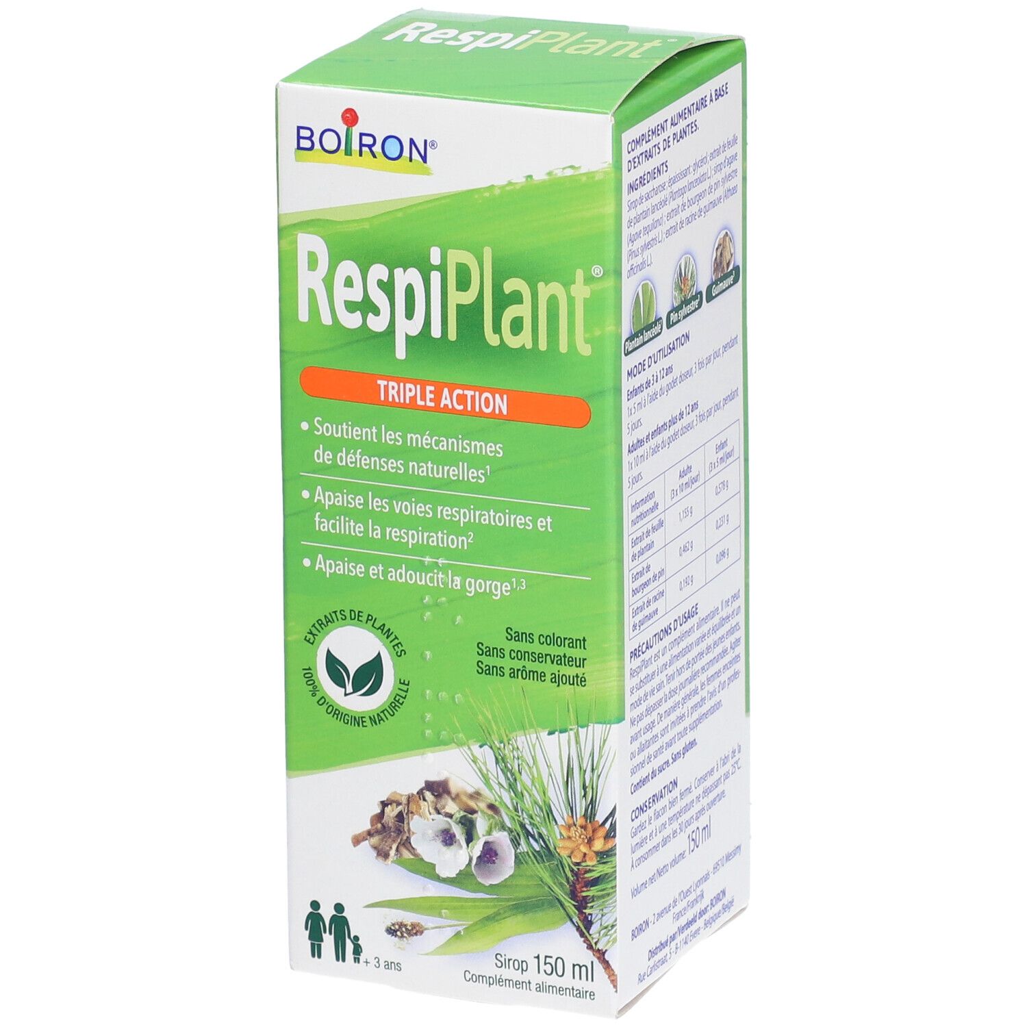 Groene doos "RespiPlant". Triple action. Plantenextracten. 150 ml. Voor kinderen vanaf 3 jaar. Zonder kleur-, bewaar- en smaakstoffen.