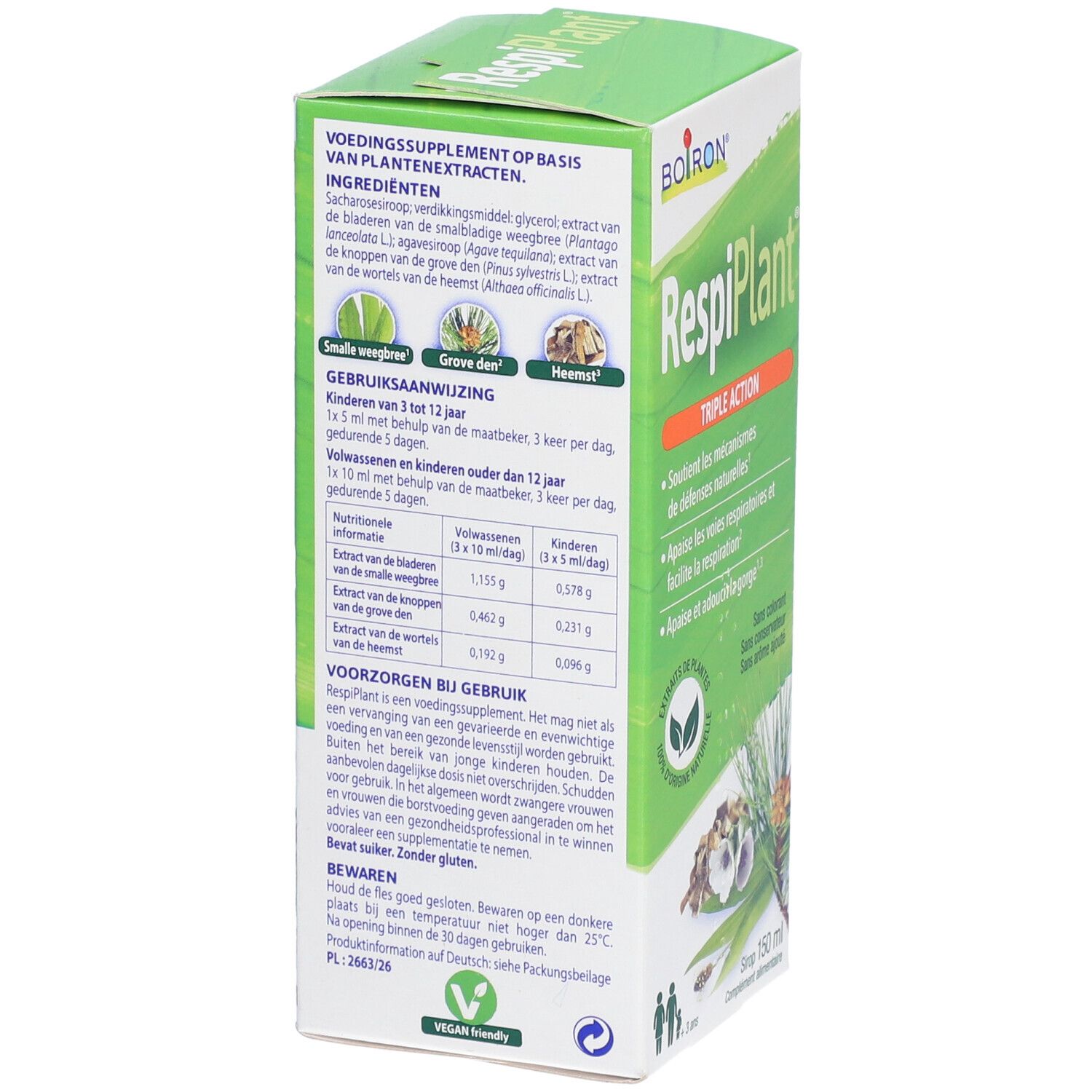 Achterkant groene doos "RespiPlant". Ingrediënten, dosering en gebruiksaanwijzing. Vegan-friendly. Voedingswaarde-informatie.