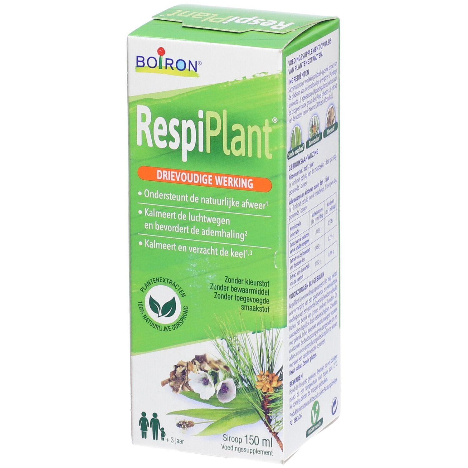 Groene doos "RespiPlant" met Nederlandse tekst. Drievoudige werking. 150 ml. Voor kinderen vanaf 3 jaar.