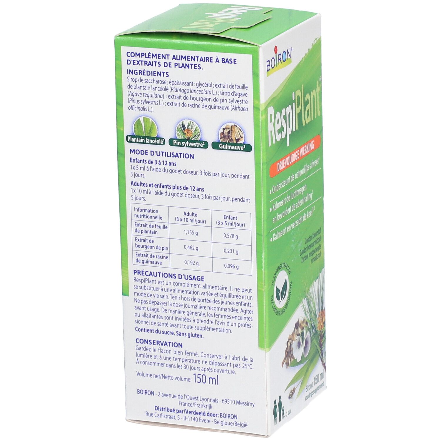 Achterkant groene doos "RespiPlant" met Franse tekst. Ingrediënten, dosering, voorzorgsmaatregelen. 150 ml.